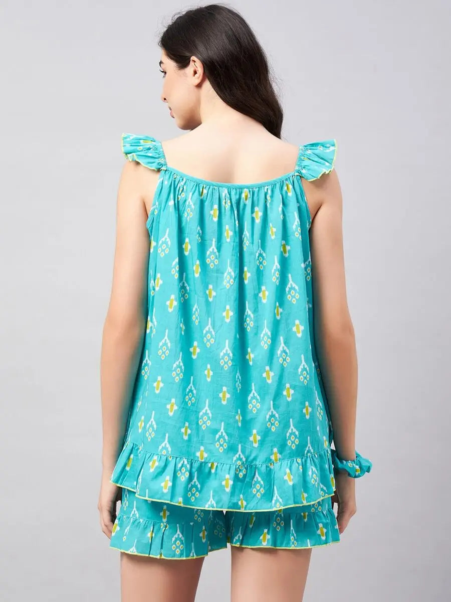 winered-woman-light-blue-with-frill-shorts-night-suit-set