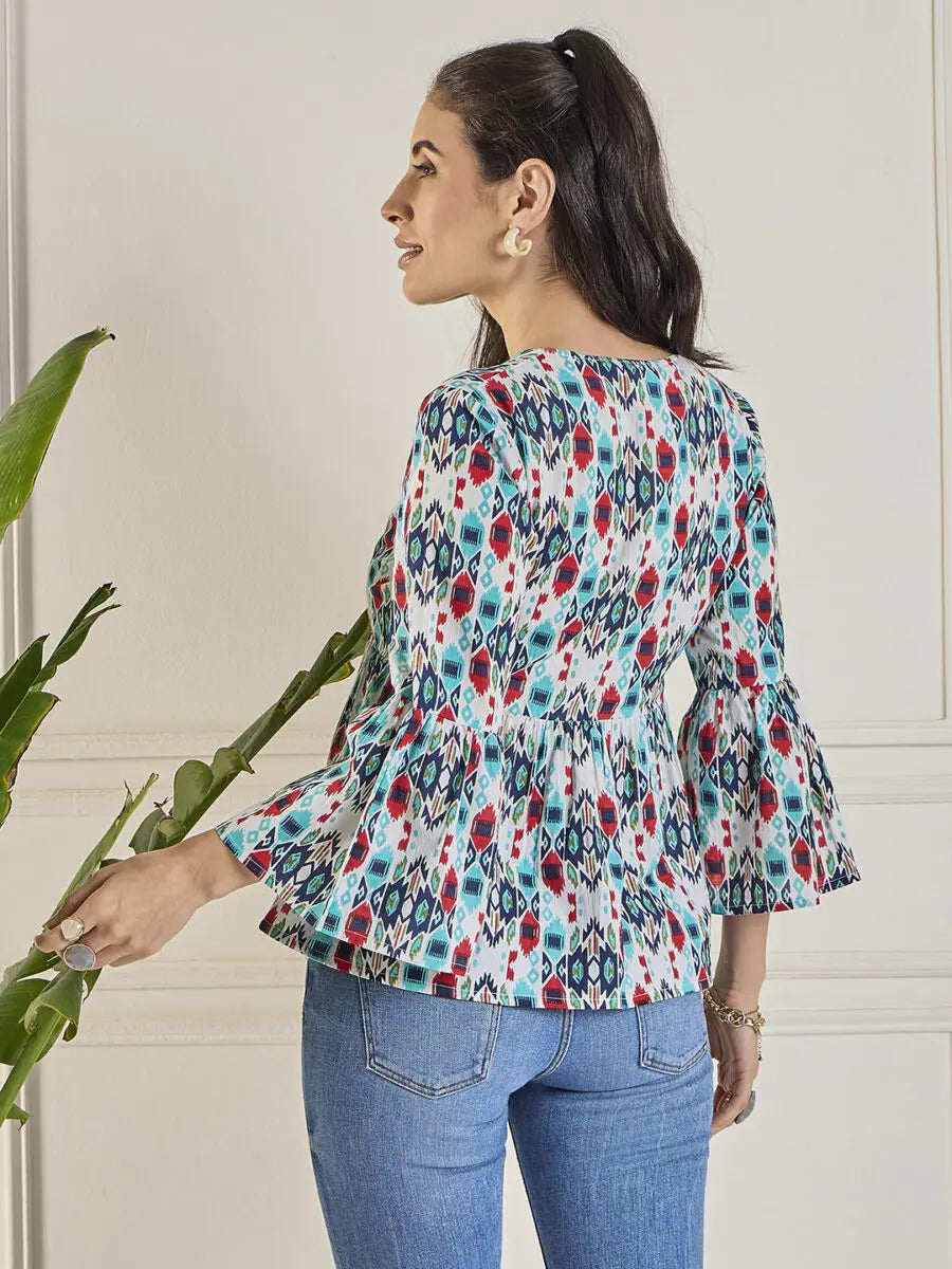 winered-women-printed-ruched-v-neck-top