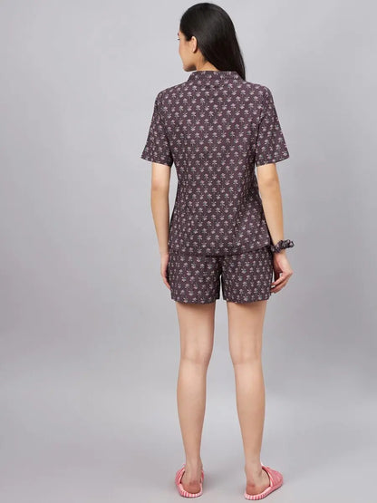 winered-woman-brown-lotus-print-with-shorts-night-suit-set