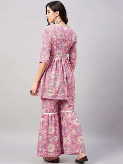 winered-woman-pink-floral-print-lace-detailing-sharara-set