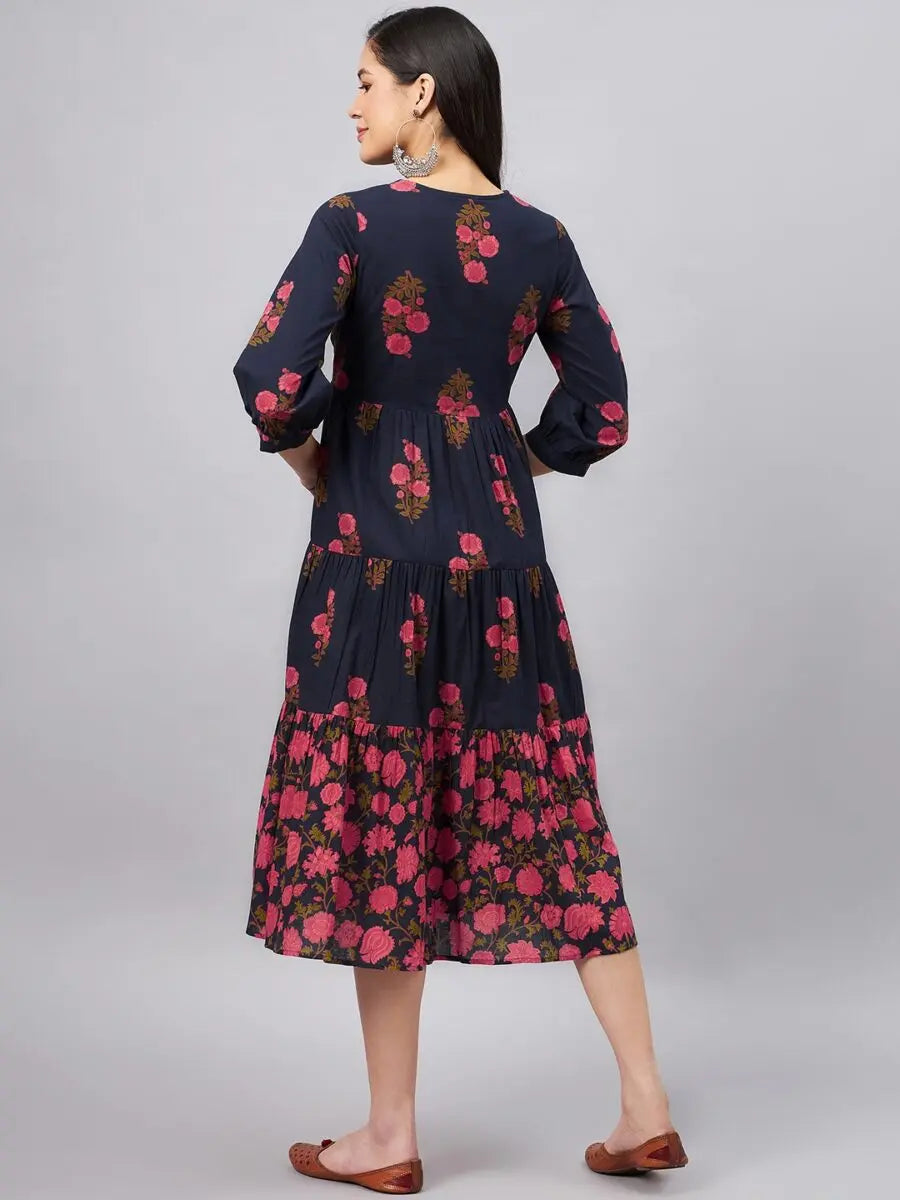 winered-blue-printed-tiered-dress-with-button-at-yoke