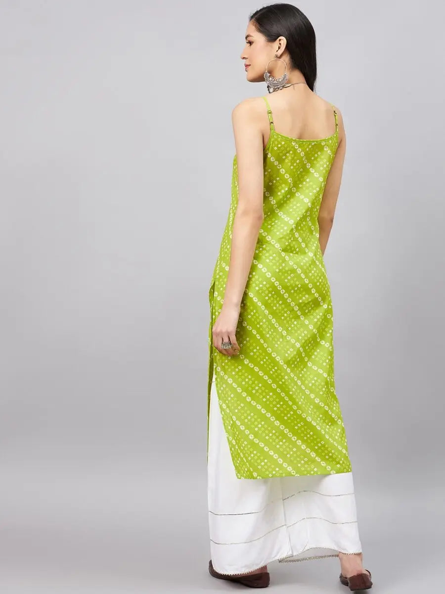 winered-women-green-bhandhej-print-strap-kurta-with-gota
