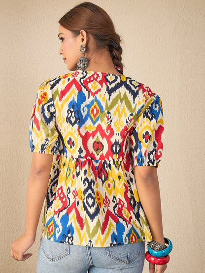 Women Yellow Printed Cotton Bow Detailed Peplum Top
