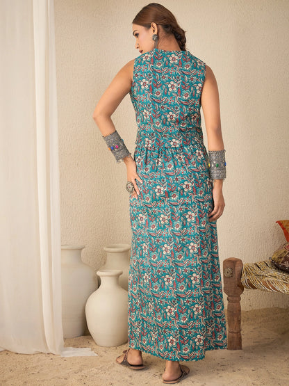 Women Blue Kalamkari Print Waistcoat with A-line Skirt
