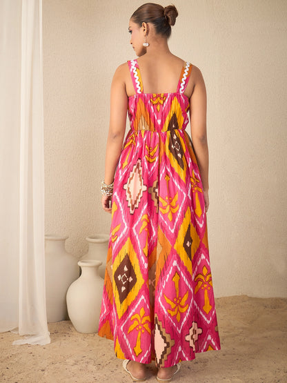 Women Pink Geometric Print Cotton Flared Strappy Dress