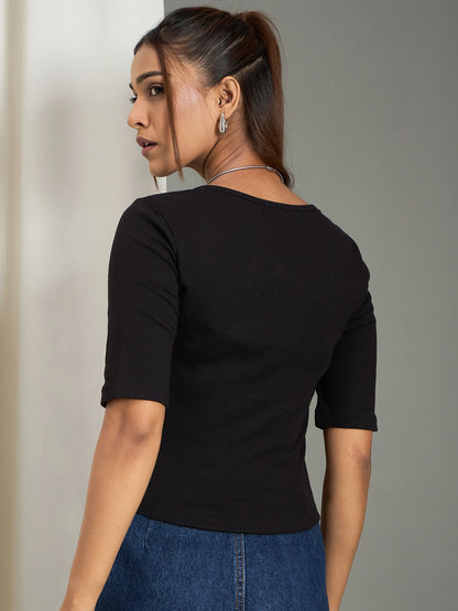 Women Black Asymmetrical Neck Ribbed Top