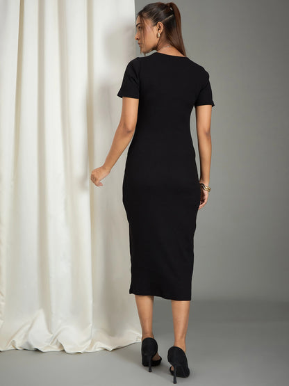 Black Ribbed Zipper Detailed Midi Dress