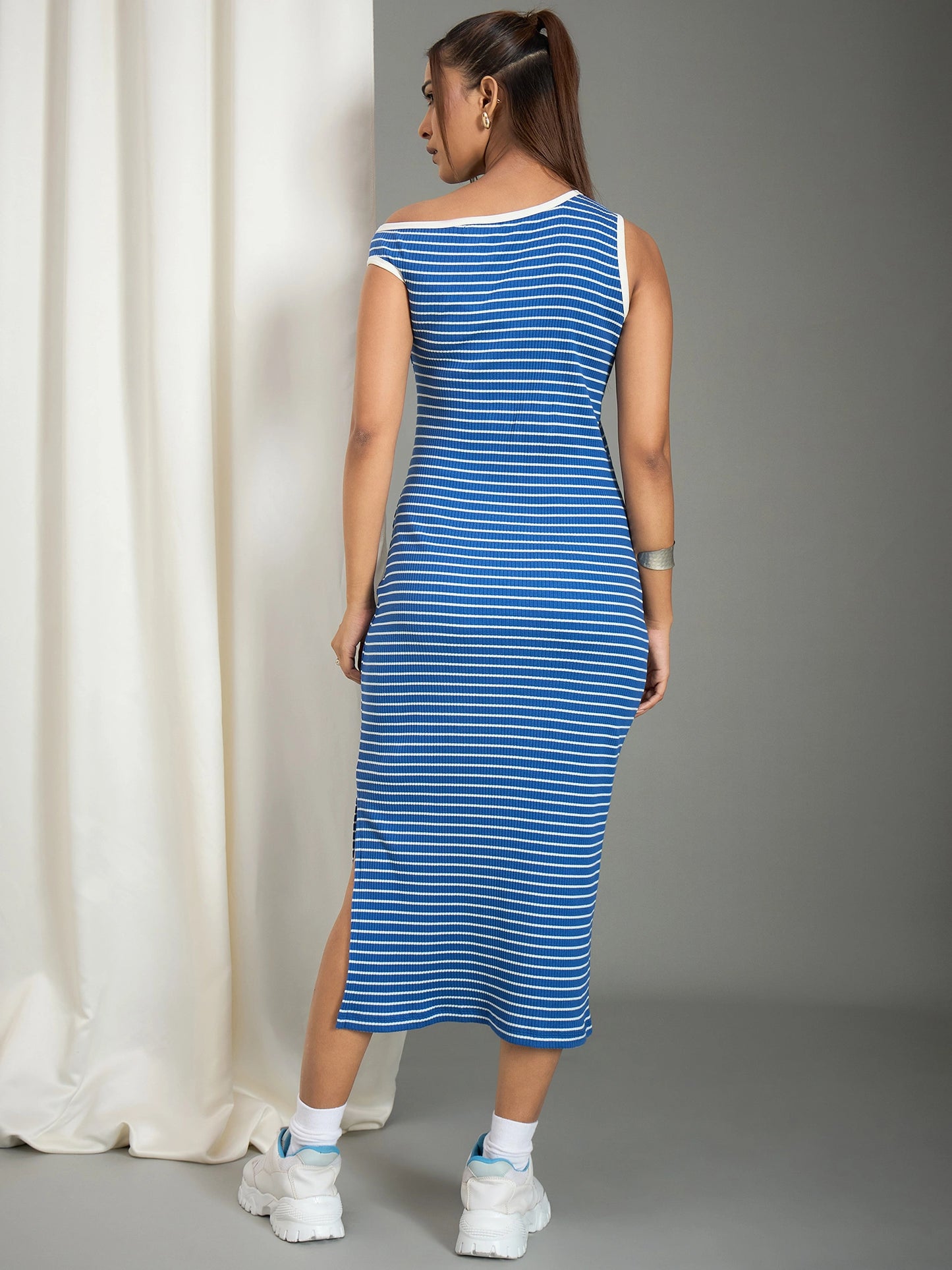 Blue Ribbed Asymmetric Neck  Midi Dress