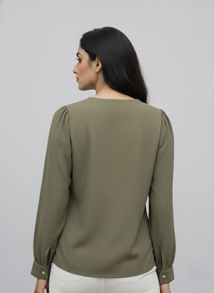 WineRed Women Olive Collared Shirt with Contrast Embriodery