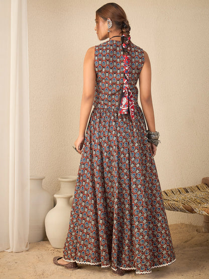 women-brown-cotton-printed-lace-detailing-waistcoat-with-skirt-co-ord-set