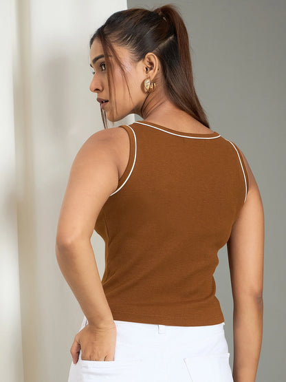 Women Brown Contrast Piping Top