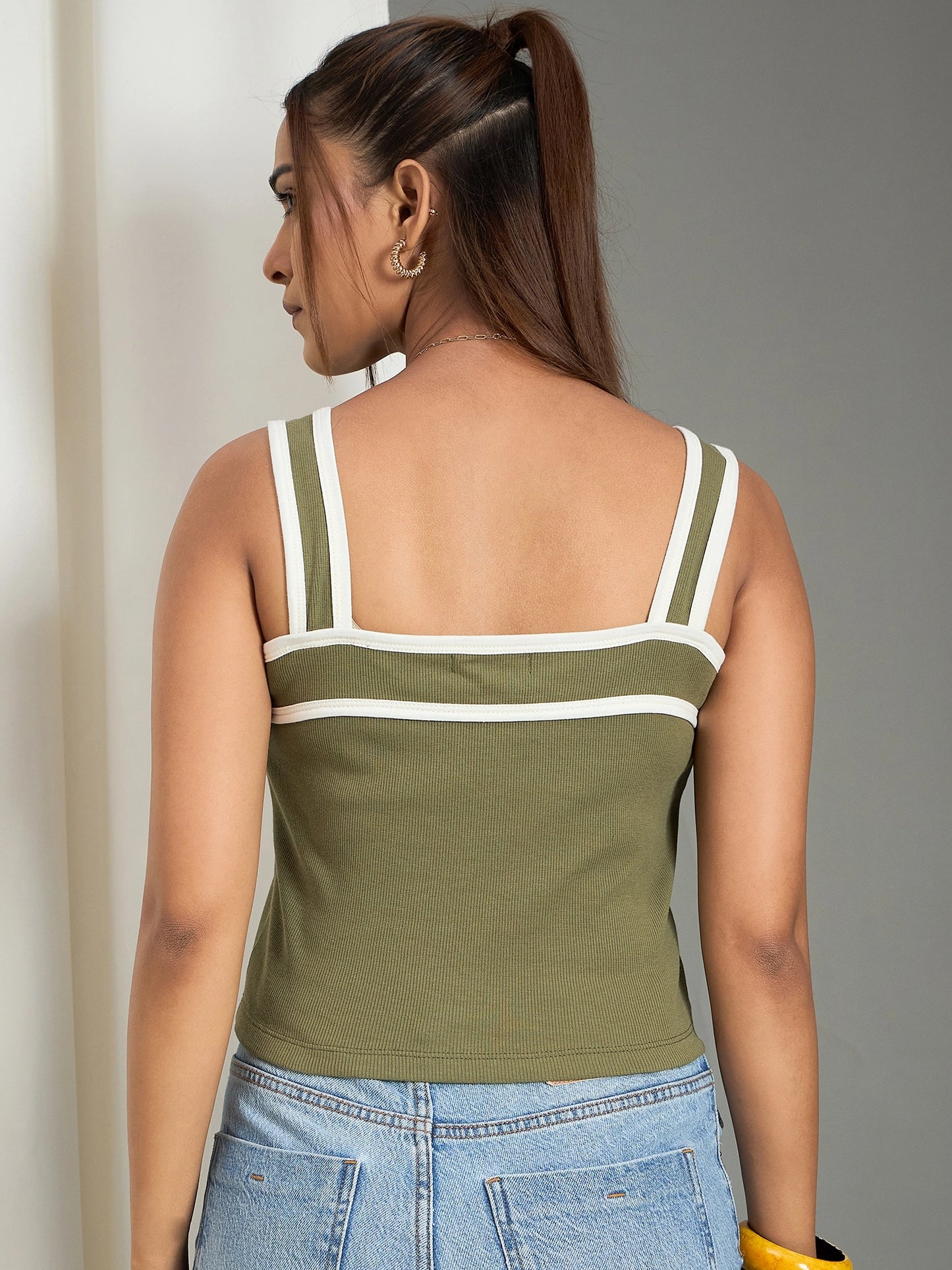 Women Square Neck Ribbed Top with Contrast Straps