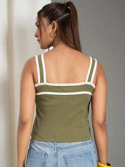 Women Square Neck Ribbed Top with Contrast Straps