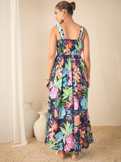 Women's Tropical Print Cotton Flared Strappy Dress