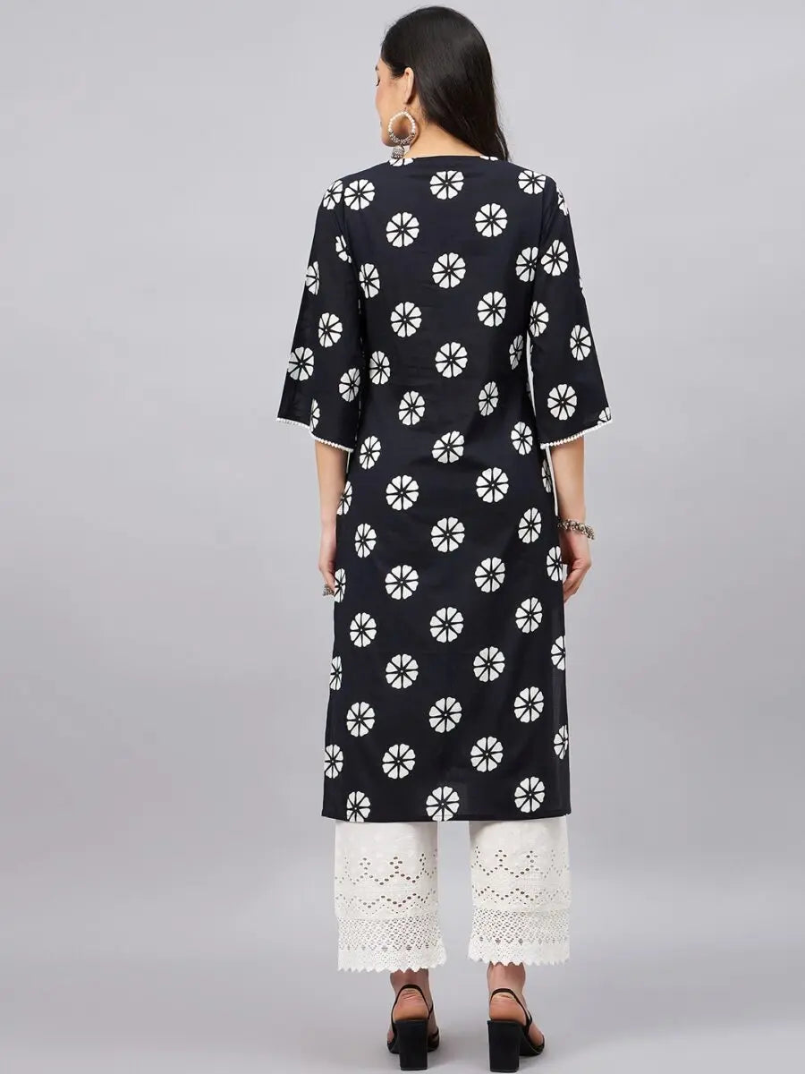 winered-women-black-v-neckline-lace-detailing-straight-kurta