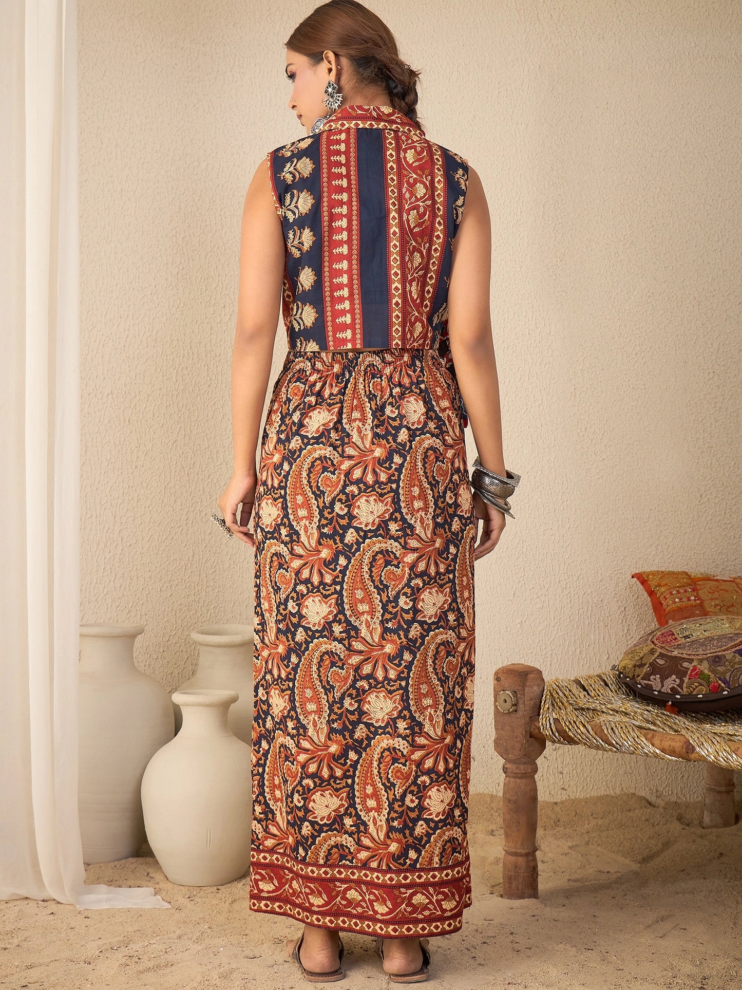 Women's Ethnic Printed Sleeveless Crop Shirt & Tie-Up Wrap Skirt Set