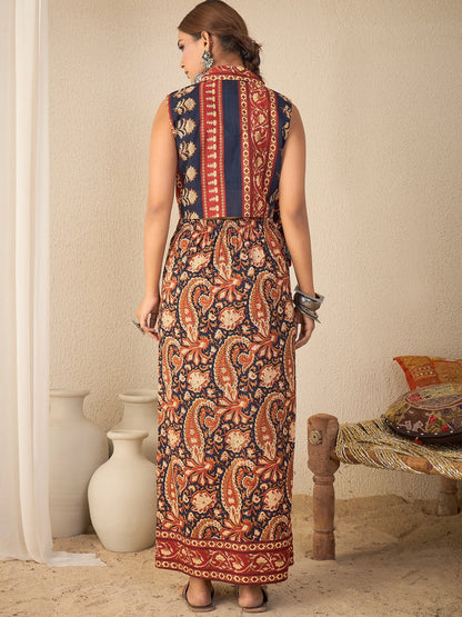 Women's Ethnic Printed Sleeveless Crop Shirt & Tie-Up Wrap Skirt Set