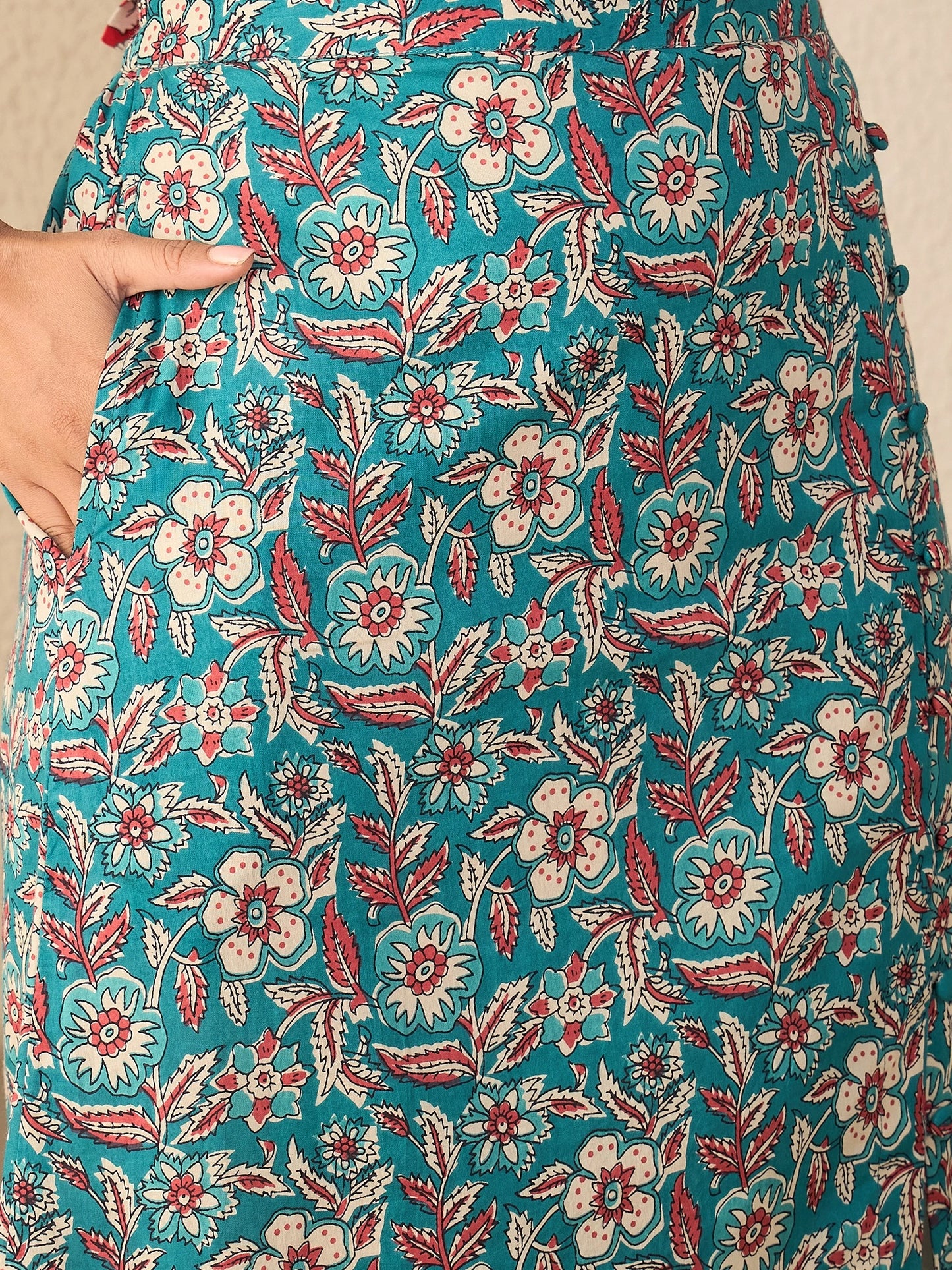 Women Blue Kalamkari Print Waistcoat with A-line Skirt