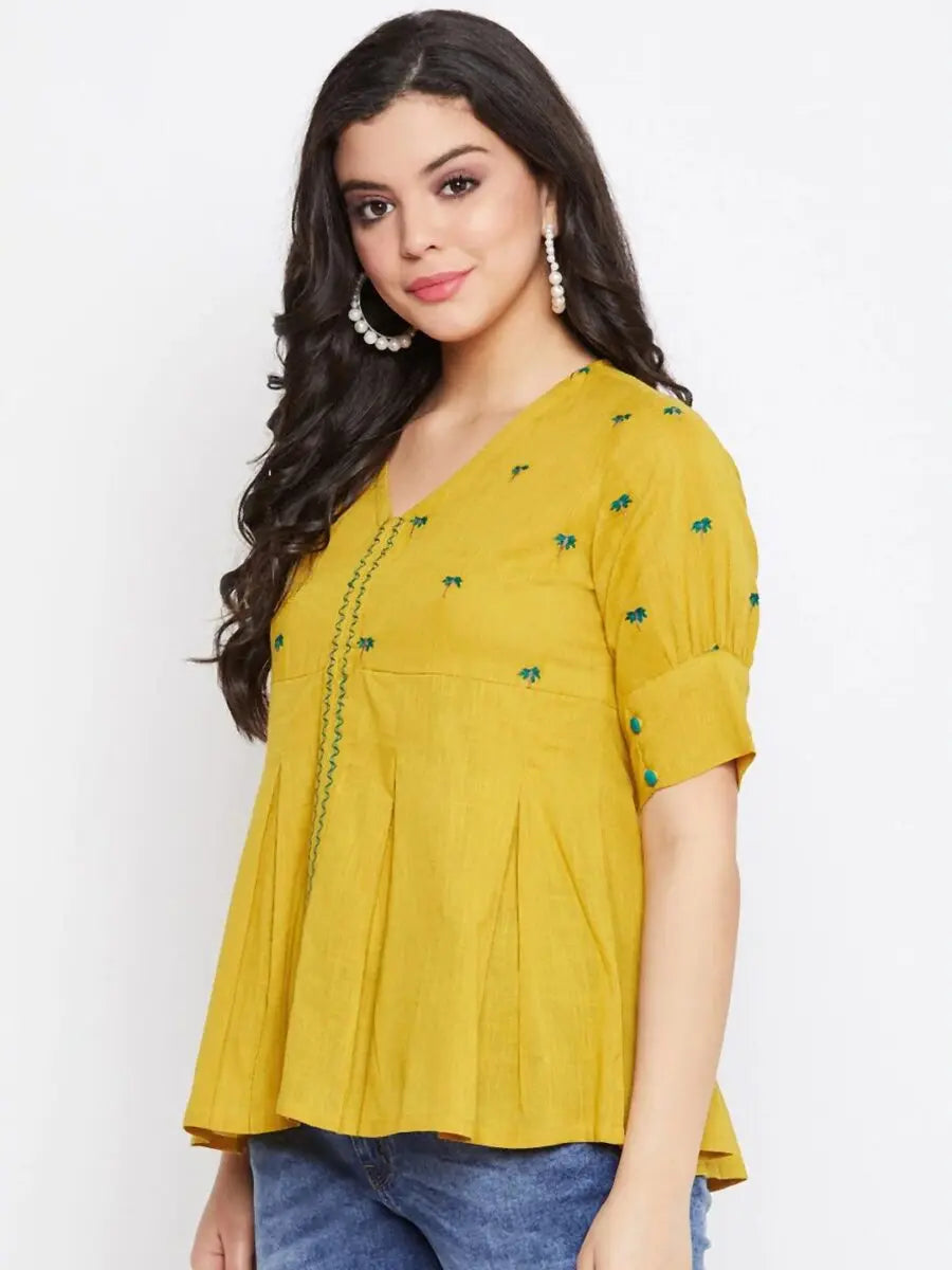 winered-mustard-embroidered-cotton-regular-top