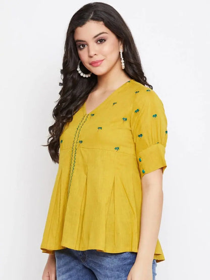 winered-mustard-embroidered-cotton-regular-top
