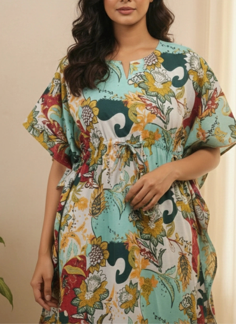 WineRed Women Multicolor Floral Print Kaftan Night-Suit Set