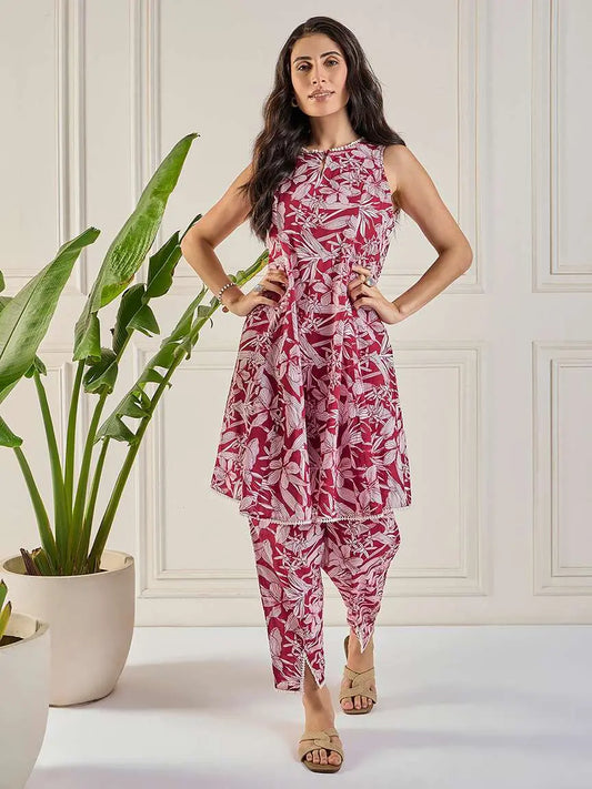 maroon-lace-detailing-stitched-godet-tunic-co-ord-set-for-women