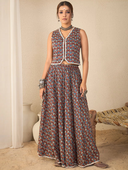 women-brown-cotton-printed-lace-detailing-waistcoat-with-skirt-co-ord-set