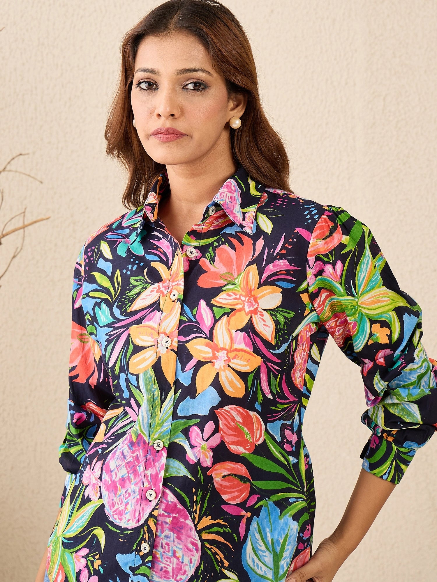 women-navy-blue-tropical-print-cotton-shirt