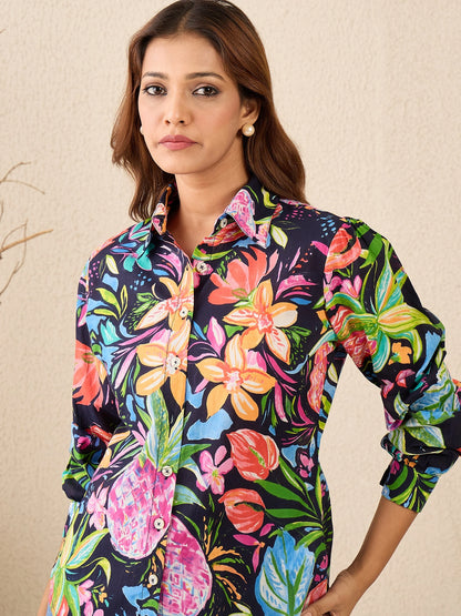 women-navy-blue-tropical-print-cotton-shirt