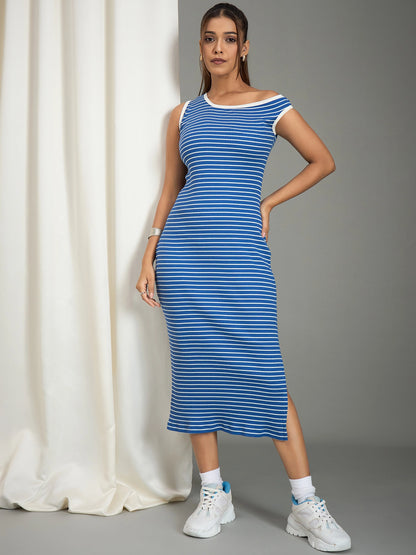 Blue Ribbed Asymmetric Neck  Midi Dress