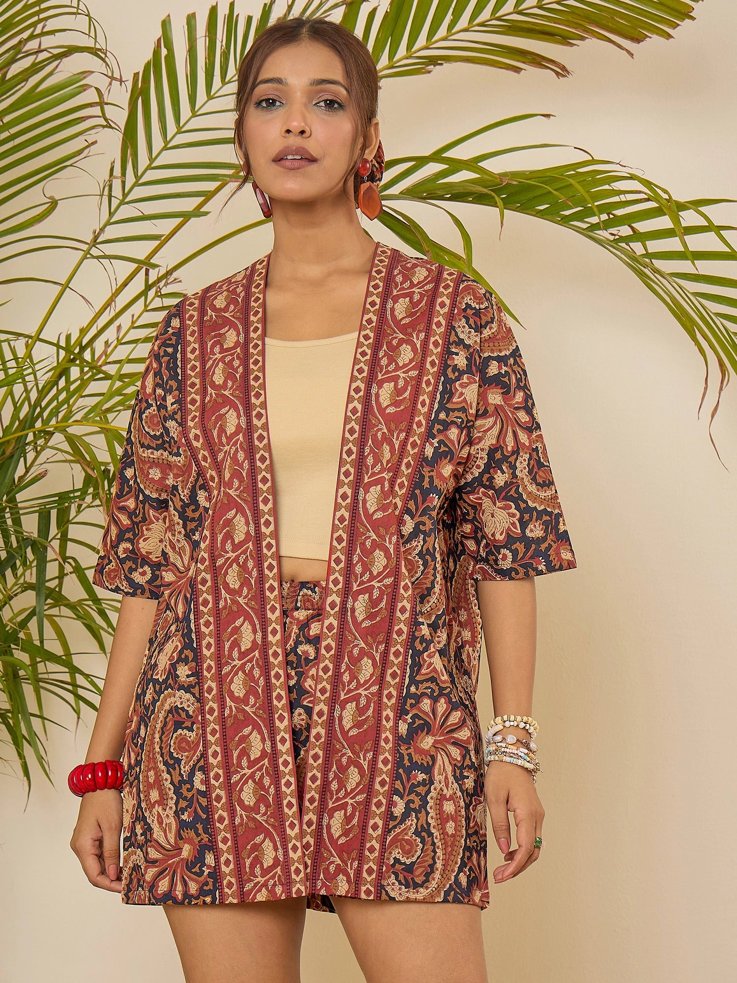 women-cotton-border-printed-shrug-with-shorts-2pc-set