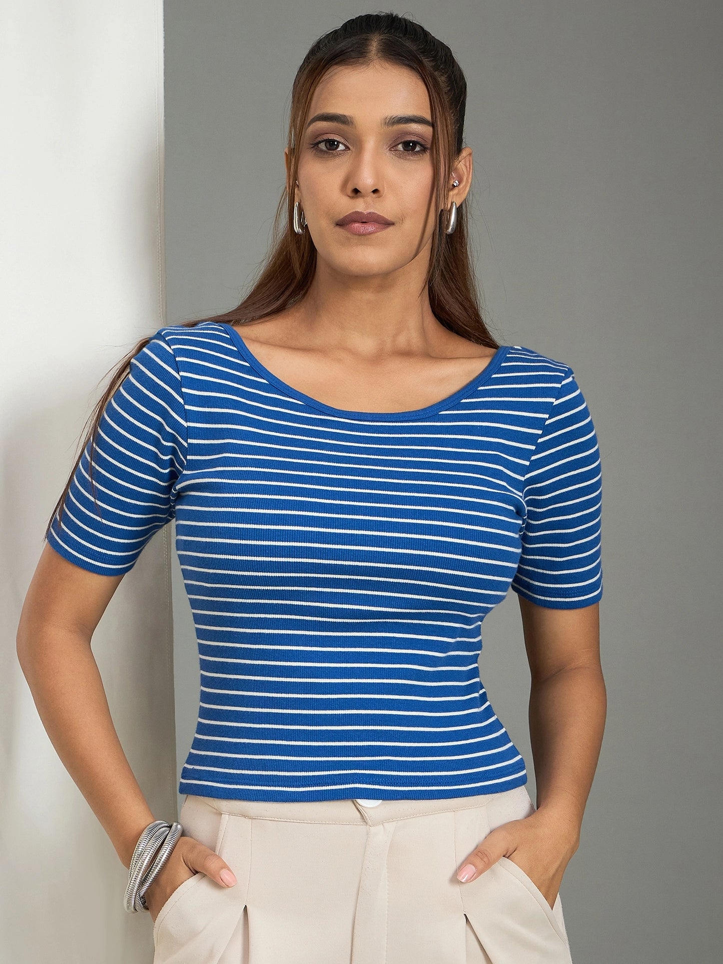 Women Bow-Knot Crew Neck Asymmetrical Hem Top