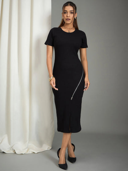 Black Ribbed Zipper Detailed Midi Dress