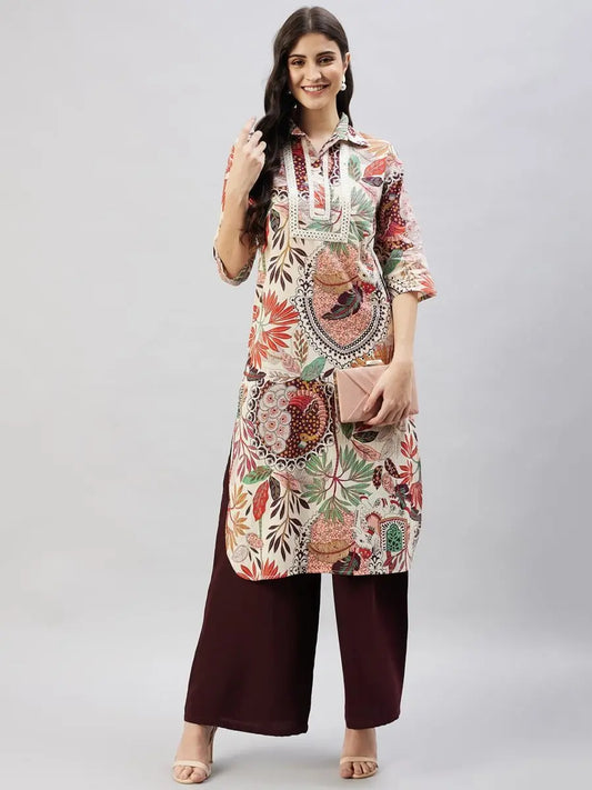 winered-women-beige-peacock-print-embroidered-neck-kurta