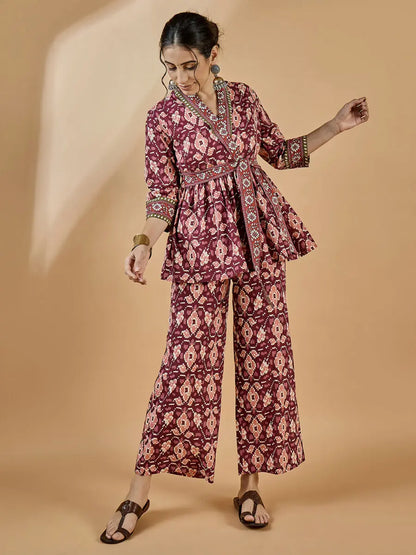 winered-women-rust-shawl-collar-waist-tie-up-co-ord-set