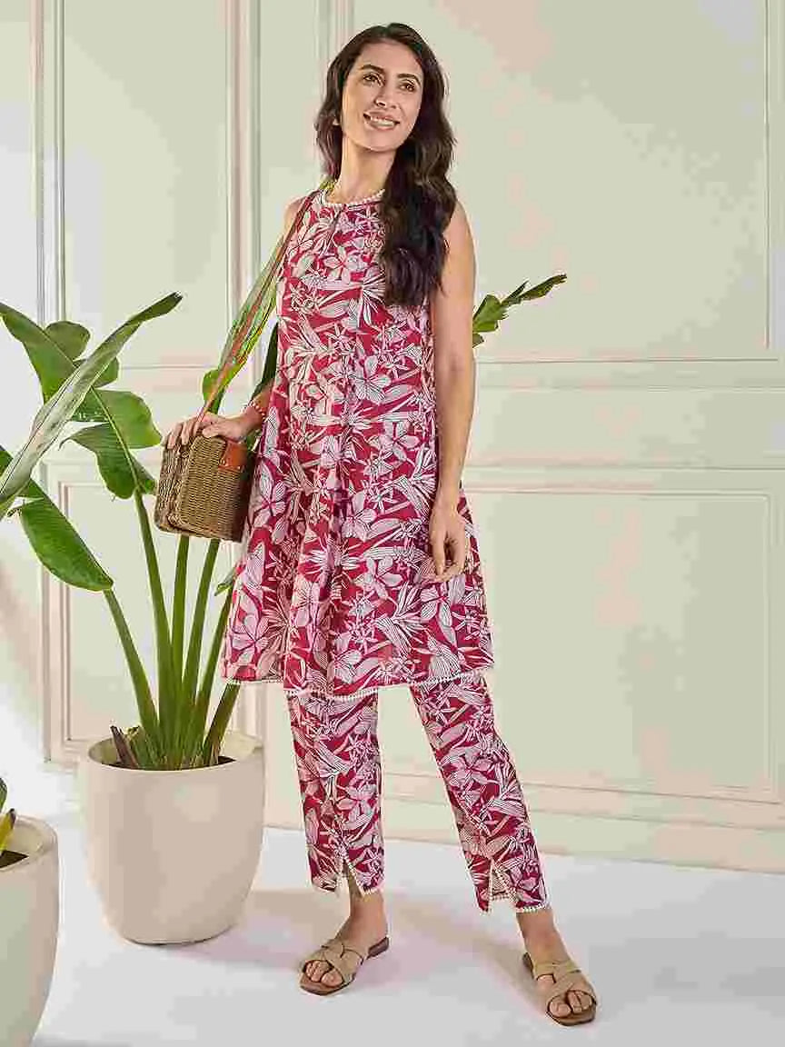 maroon-lace-detailing-stitched-godet-tunic-co-ord-set-for-women