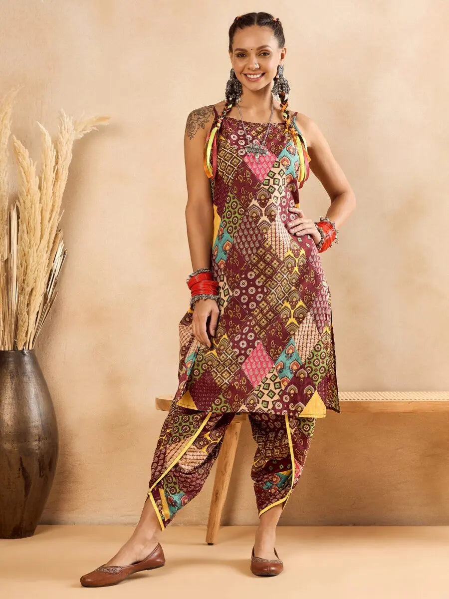 winered-woman-maroon-print-strap-kurta-dhoti-co-ord-set