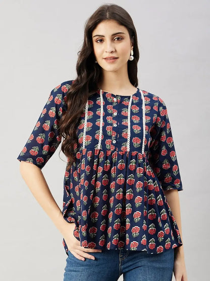 winered-women-blue-floral-print-yoke-lace-top