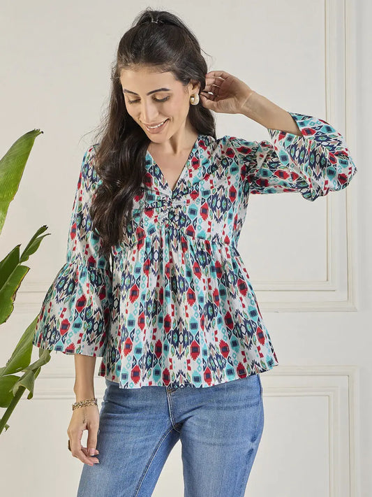 winered-women-printed-ruched-v-neck-top