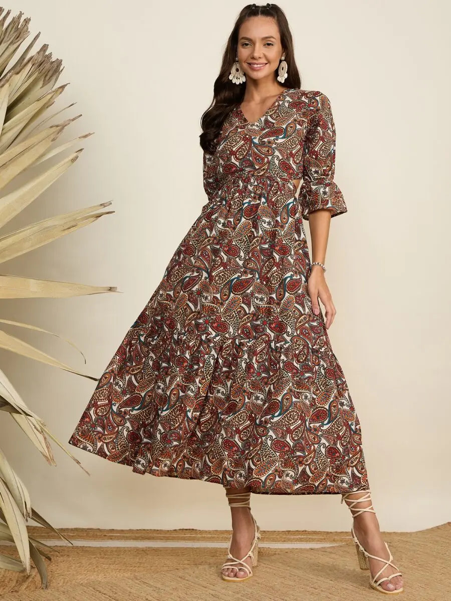 winered-women-paisley-print-waist-cut-out-brown-midi-dress