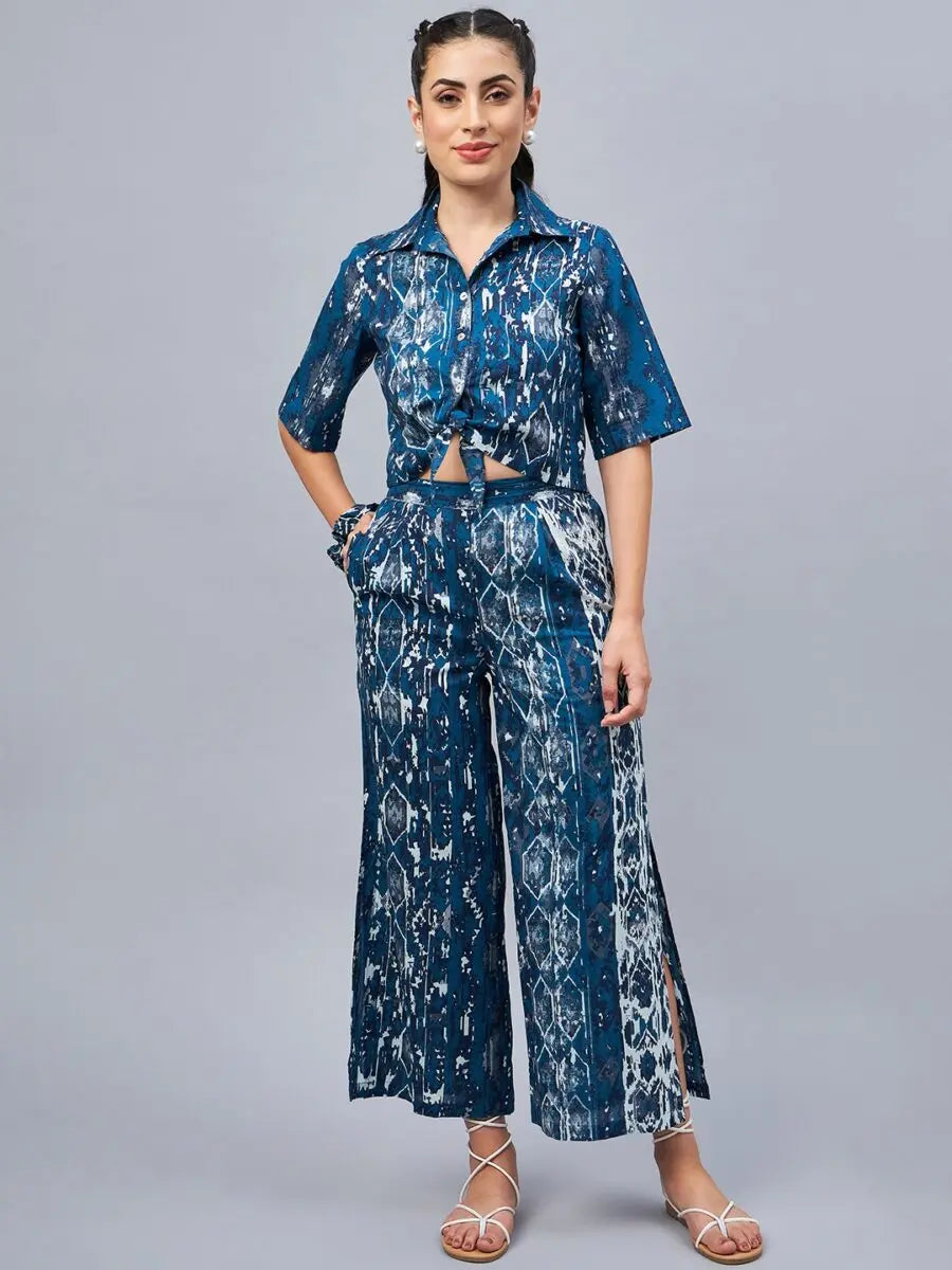 winered-woman-blue-front-knot-crop-shirt-with-flared-pant