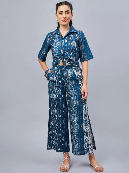 winered-woman-blue-front-knot-crop-shirt-with-flared-pant