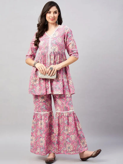 winered-woman-pink-floral-print-lace-detailing-sharara-set