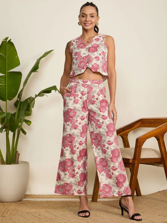 winered-woman-pink-floral-print-waistcoat-pant-co-ord-set
