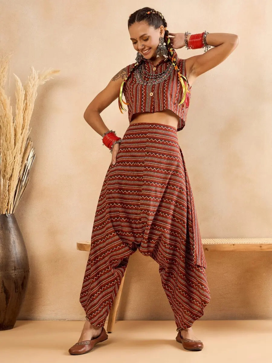 winered-woman-striped-print-crop-shirt-and-harem-pant-co-ord-set