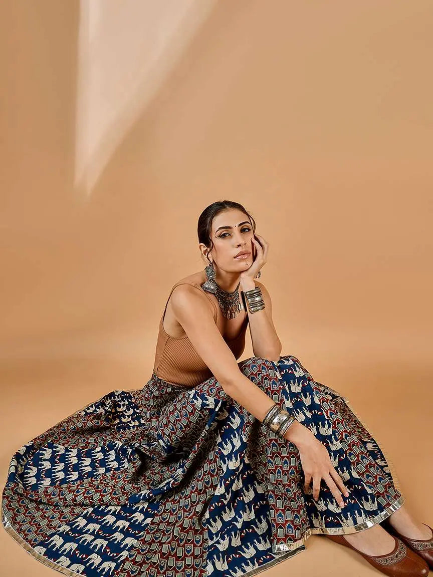 winered-printed-godet-flared-skirt