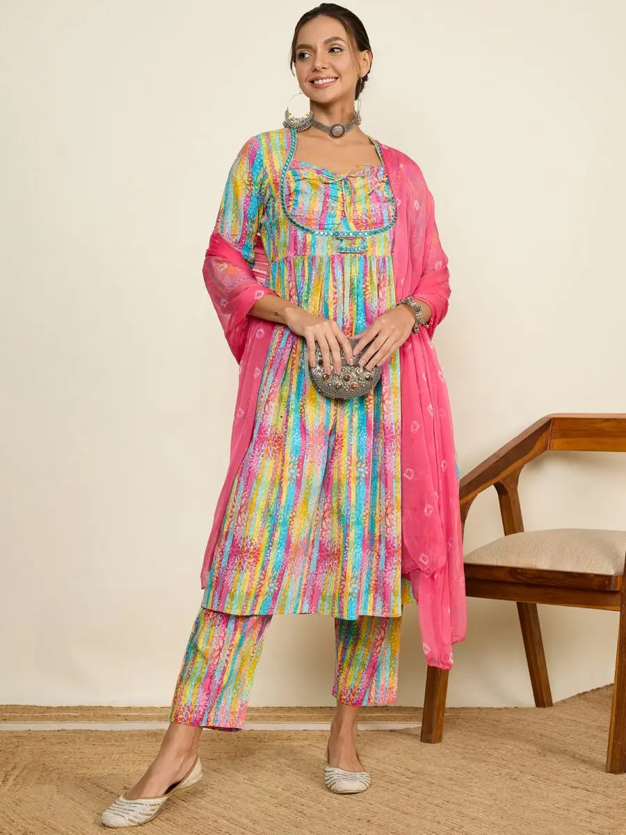 winered-women-printed-ruched-yoke-flare-kurta-pant-dupatta-set