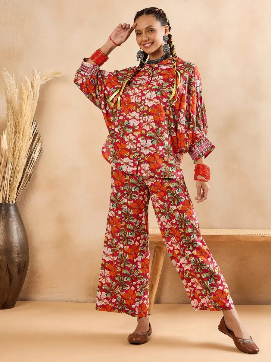winered-woman-pink-floral-print-oversized-collar-shirt-co-ord-set