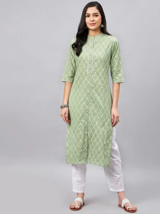 winered-women-green-printed-band-collar-front-slit-kurta-2