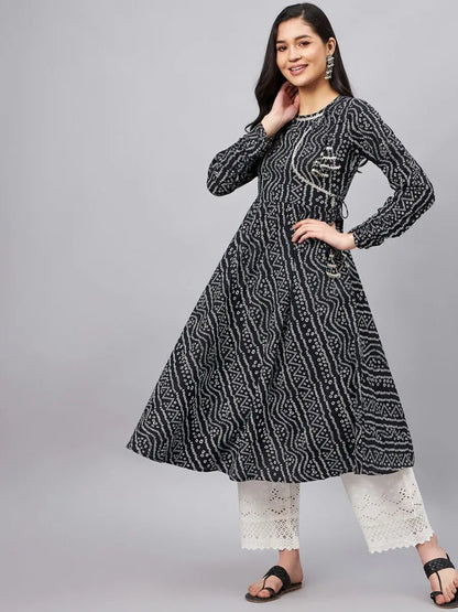 winered-women-black-bandhej-flared-angrakha-kurta